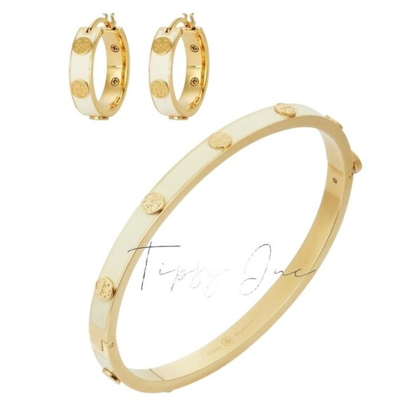TORY BURCH WHITE AND GOLD MILLER HINGE BRACELET & EARRING SET - Picture 1 of 12